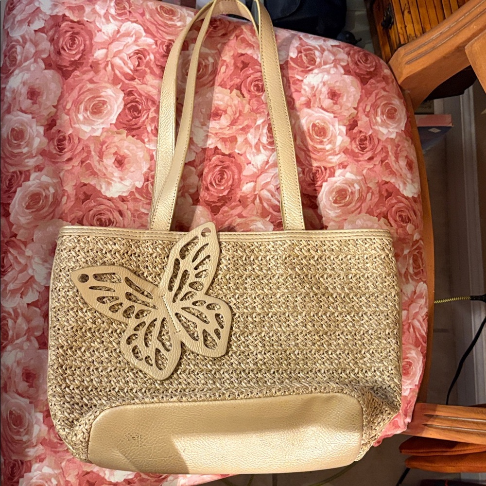 Bueno Beige Woven Tote with Butterfly Accent